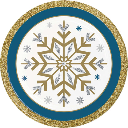 Decorative paper plate with gold snowflake design and glittery border on a white background