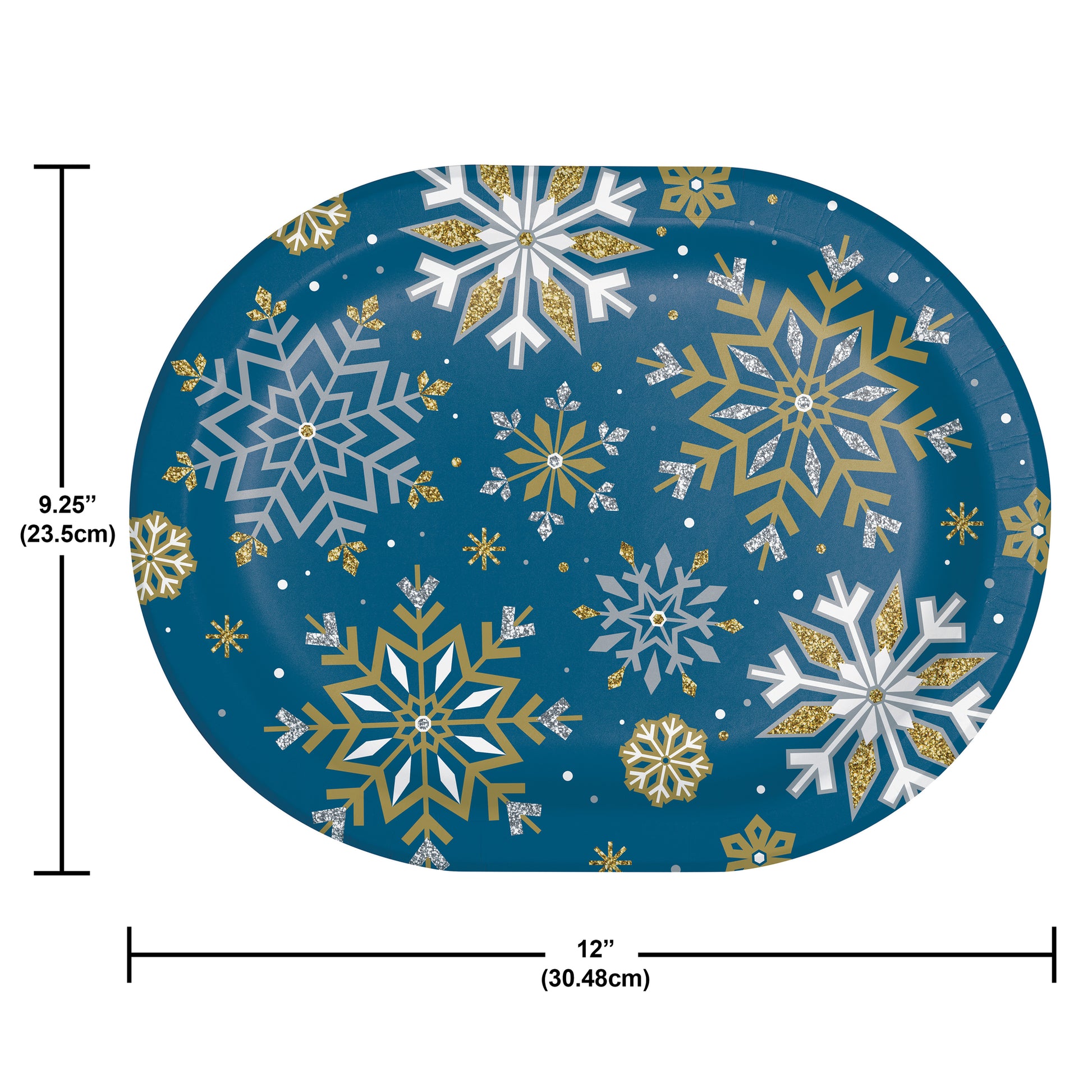 Decorative oval paper plate with gold, silver and white snowflake pattern on a blue background. Measurements shown.