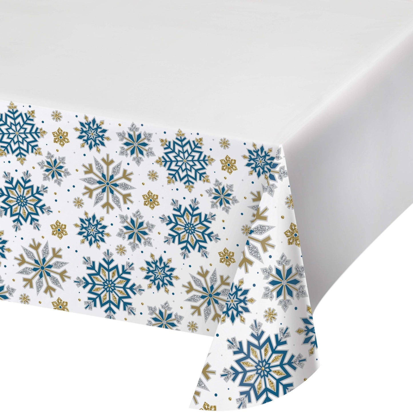 Paper tablecloth with blue, gold and silver snowflake pattern on a white background