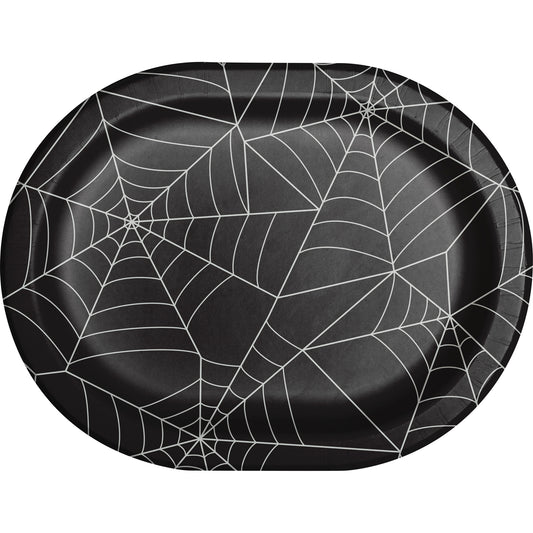 Creepy Characters Halloween Spider Webs Oval Dinner Plates 96 ct. Black oval plate with a spider web on the front