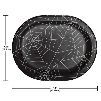 Creepy Characters Halloween Spider Webs Oval Dinner Plates 96 ct. Black paper plate with spider web pattern and measurements on a white background