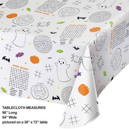 Kids Halloween Activities Paper Tablecloths 12 ct. Halloween-themed tablecloth with patterns and designs on a white background