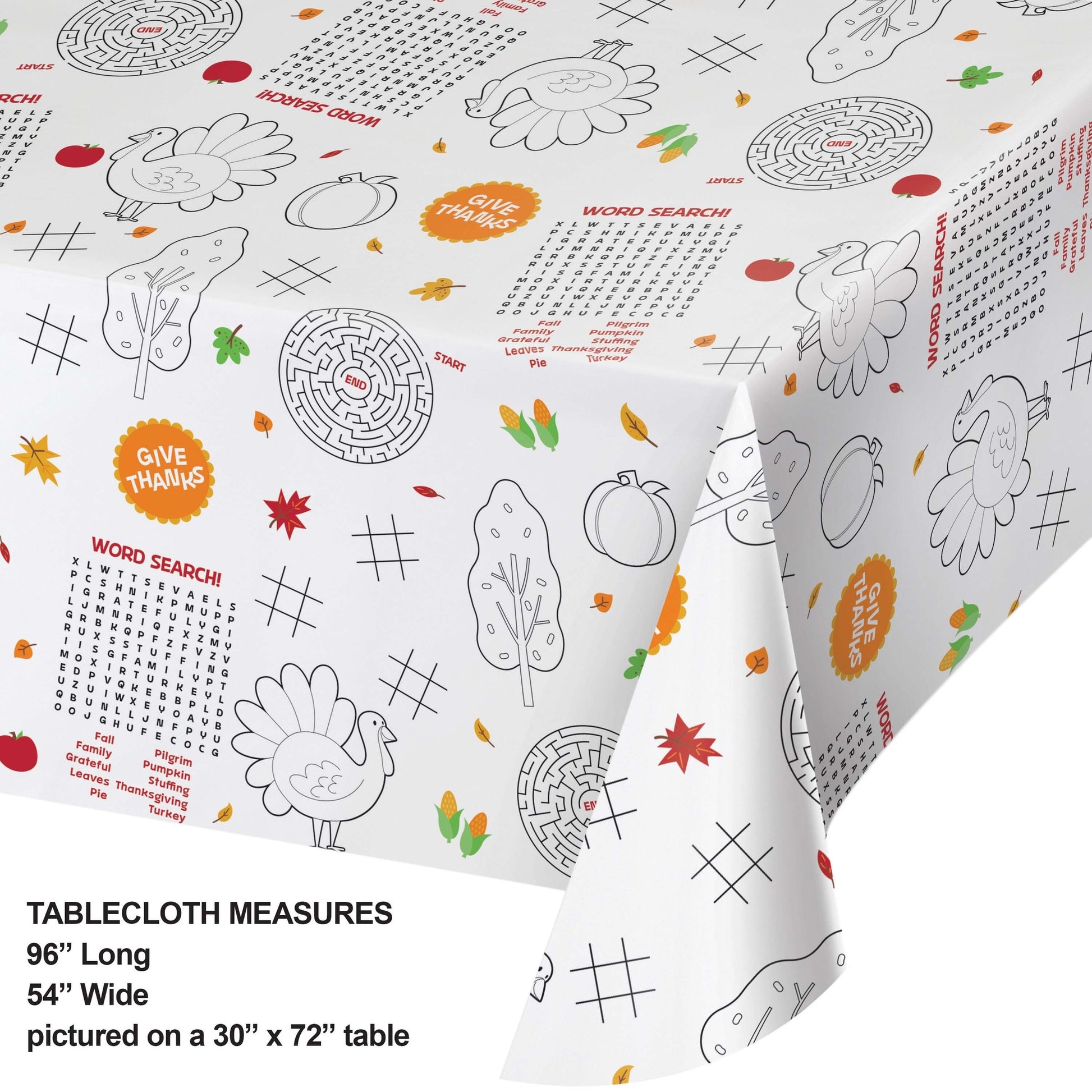 Kids Thanksgiving Activities Paper Tablecloths 12 ct. Thanksgiving-themed tablecloth with patterns and text on a white background. Dimensions are included