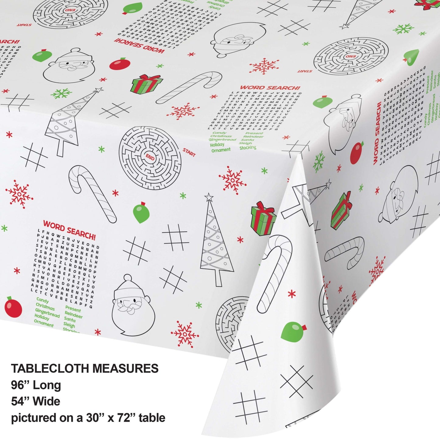 Christmas activity paper tablecloth with mazes, word searches, tic-tac-toe and coloring. Measurements shown.