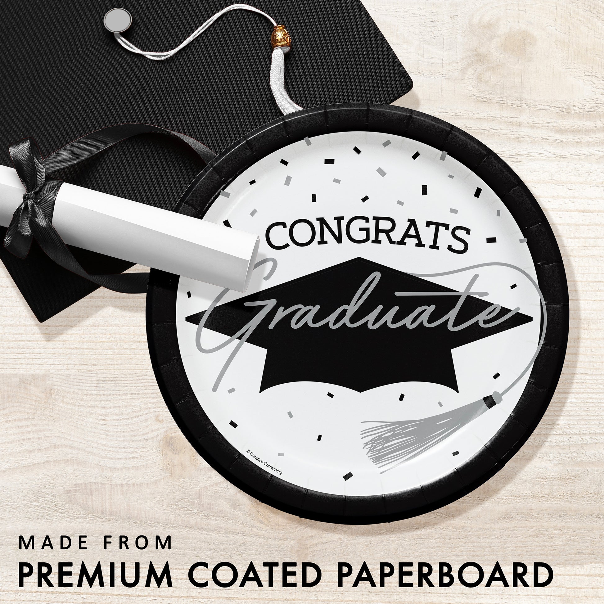 School Spirit White Graduation Dessert Paper Plates 180 ct Feature Image