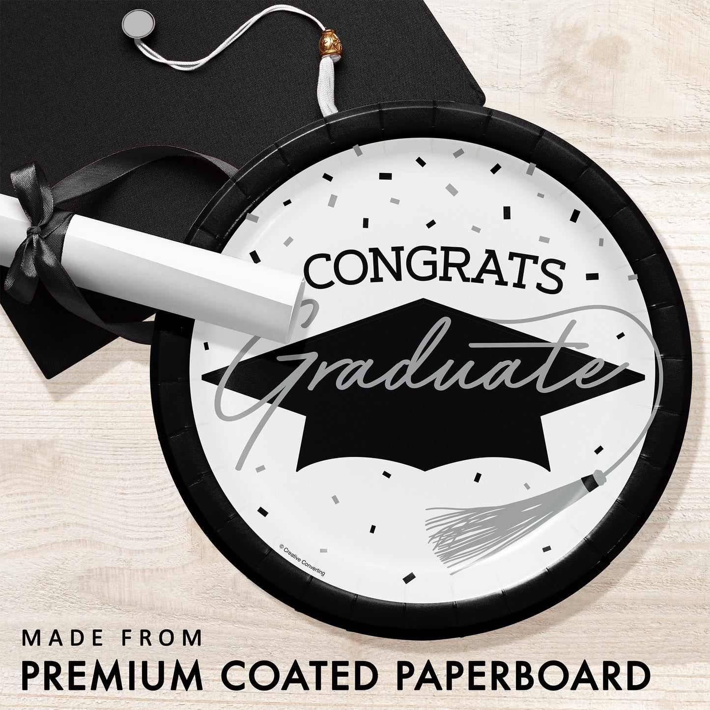 School Spirit White Graduation Dinner Paper Plates 180 ct Feature Image