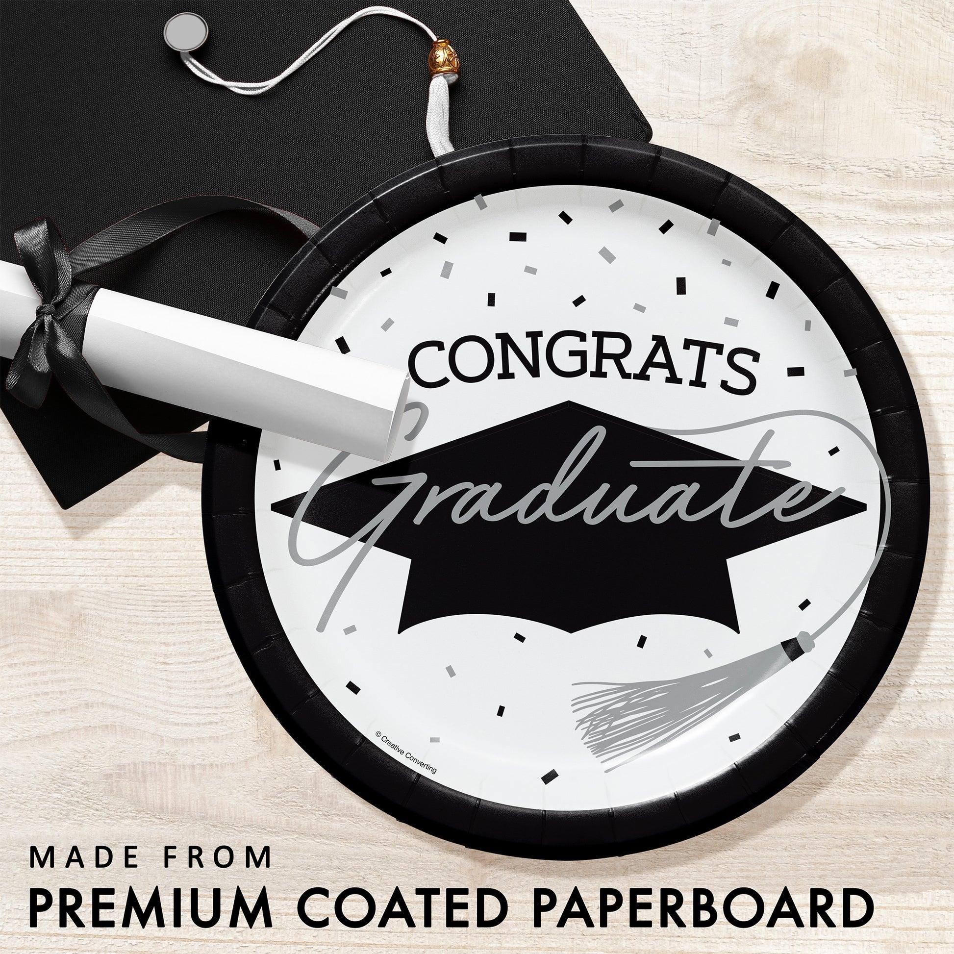 School Spirit White Graduation Dinner Paper Plates 180 ct Feature Image