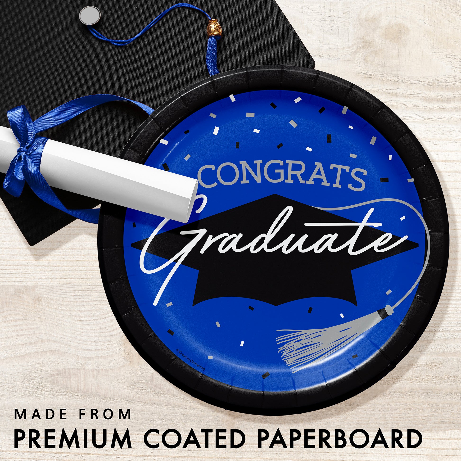 School Spirit Blue Graduation Dinner Paper Plates 180 ct Feature Image