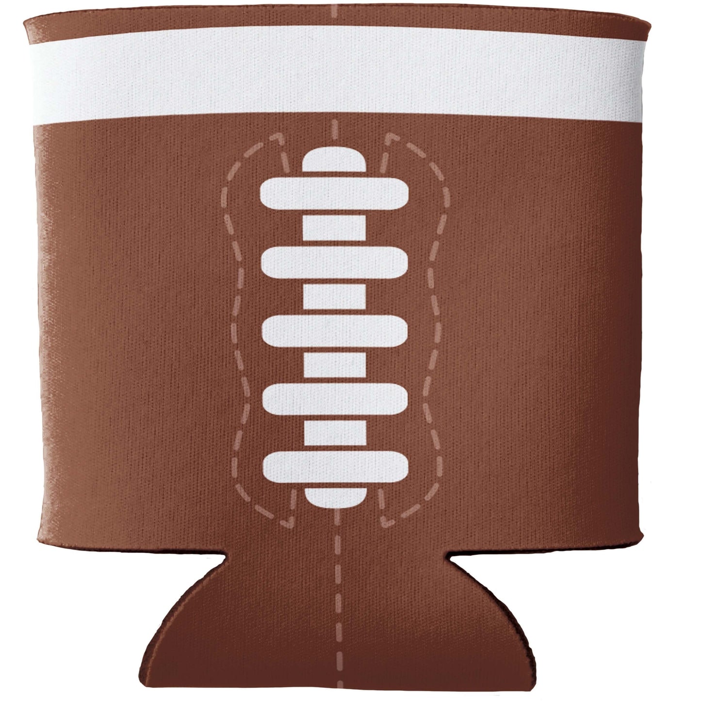 Football Drink Holder 12 ct. Football-shaped can cooler with white stitching details on a brown background
