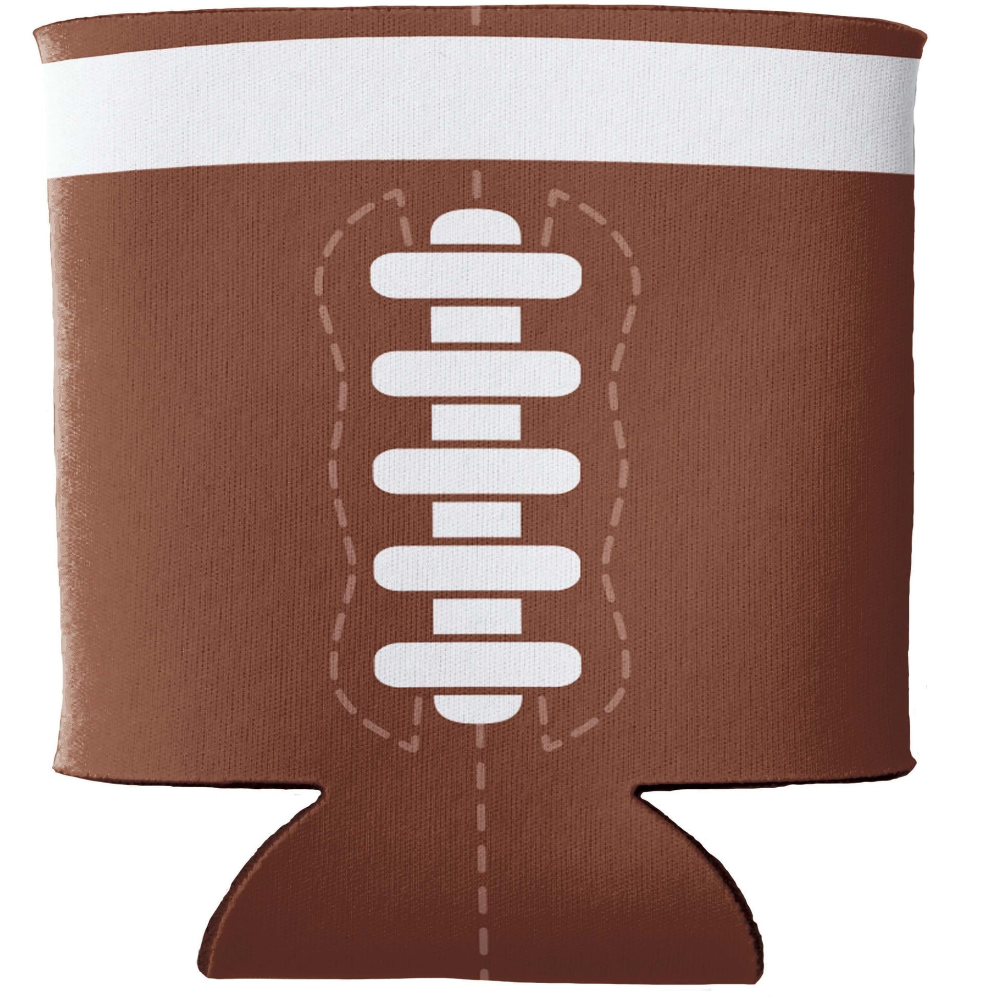 Football Drink Holder 12 ct. Football-shaped can cooler with white stitching details on a brown background
