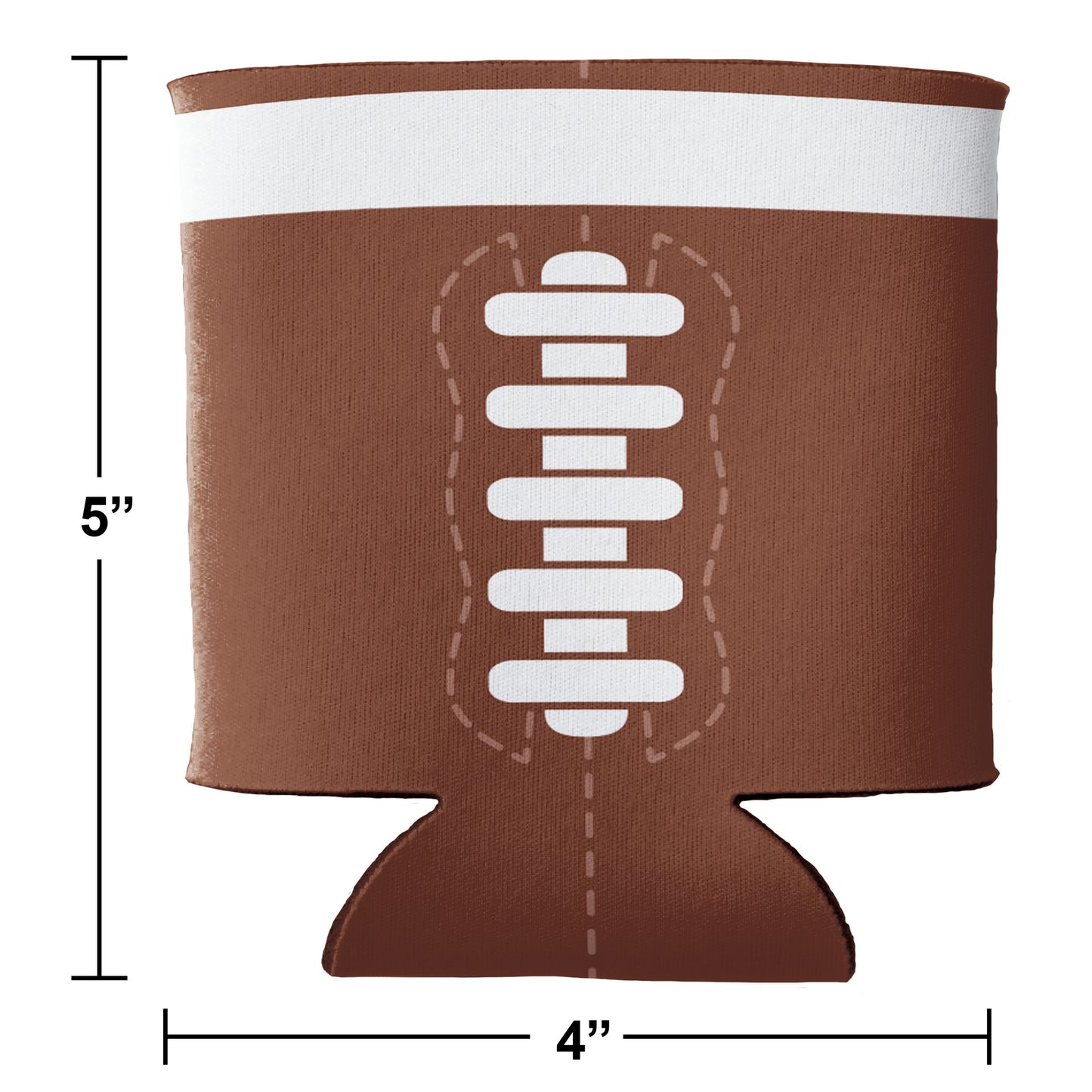 Football Drink Holder 12 ct. Brown can cooler shaped like a football with white stitching, dimensions shown.