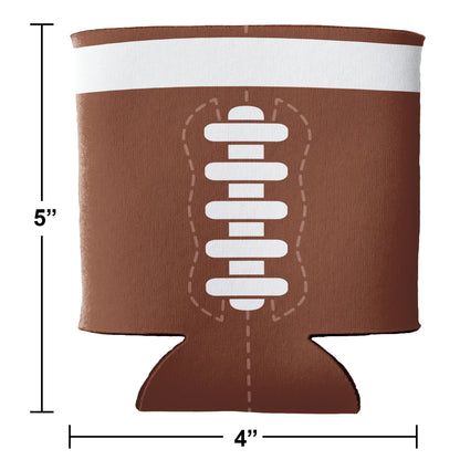 Football Drink Holder 12 ct. Brown can cooler shaped like a football with white stitching, dimensions shown.