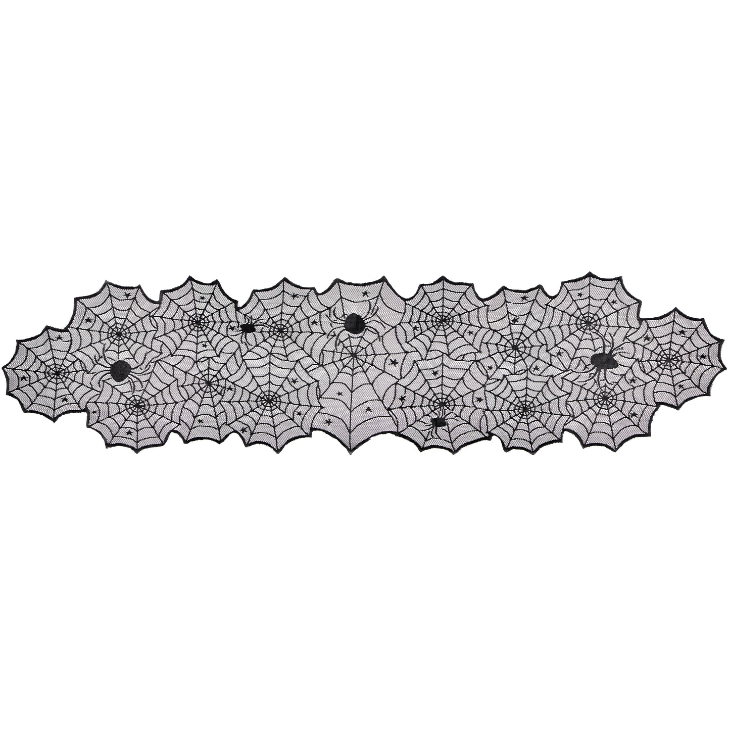 Black Lace Webs Table Runners 12 ct. Black spider web table runner on a white background