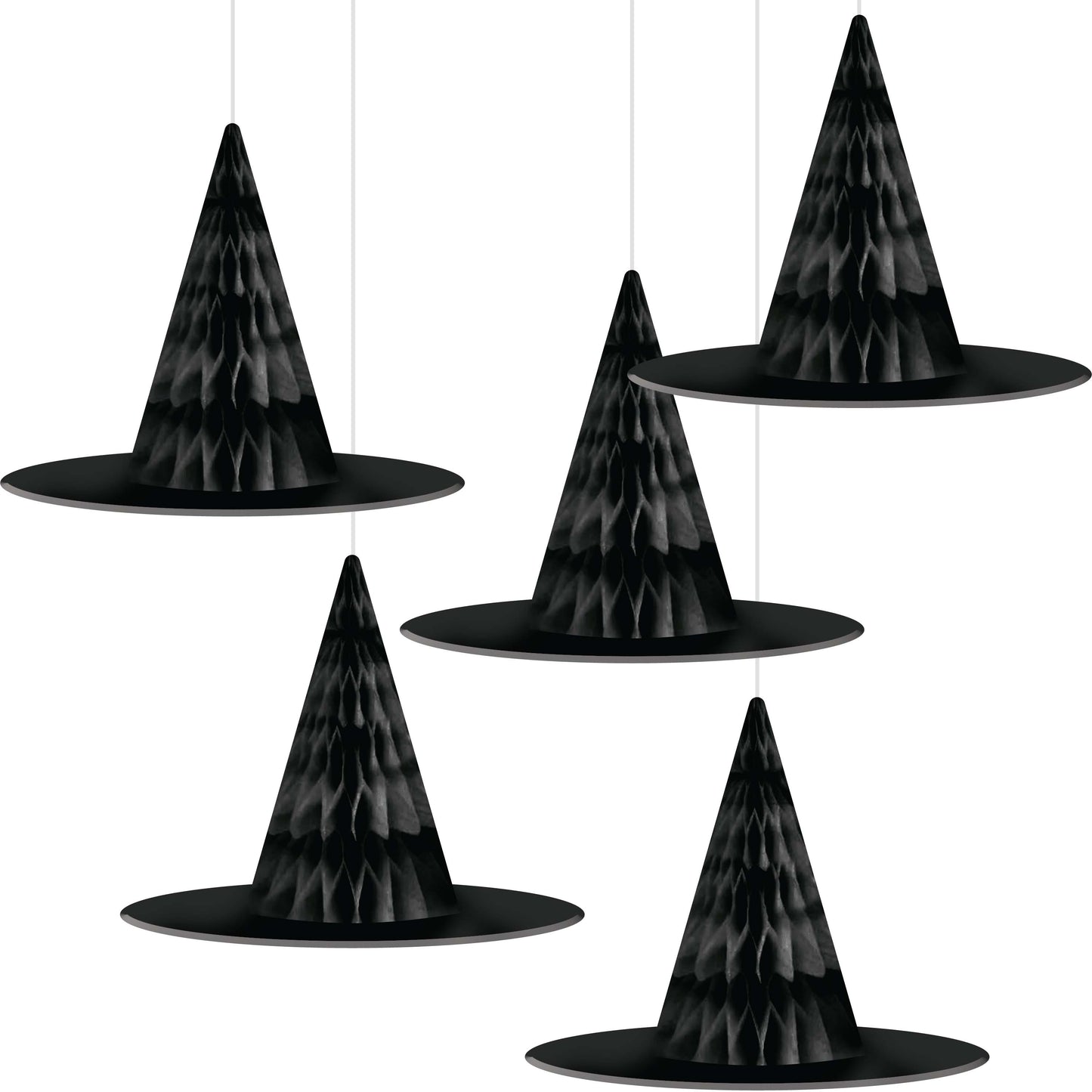 Hanging Witch Hats Halloween Decor 60 ct. Set of five black witch hats hanging against a white background