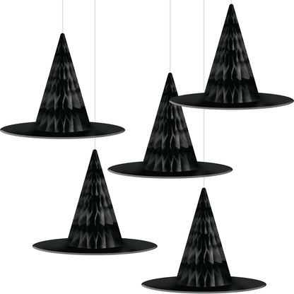Hanging Witch Hats Halloween Decor 60 ct. Set of five black witch hats hanging against a white background