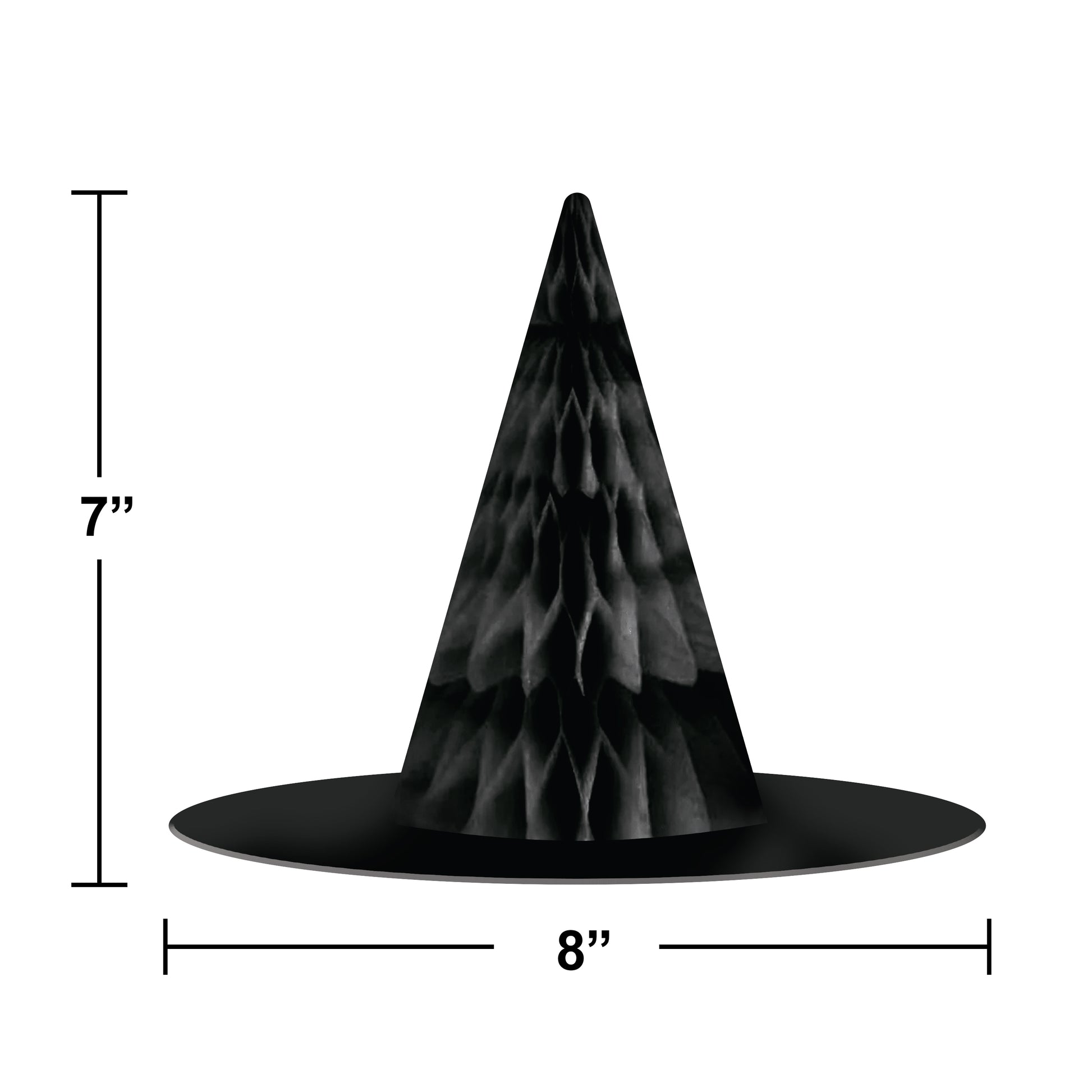 Hanging Witch Hats Halloween Decor 60 ct. Black witch hat with measurements on a white background
