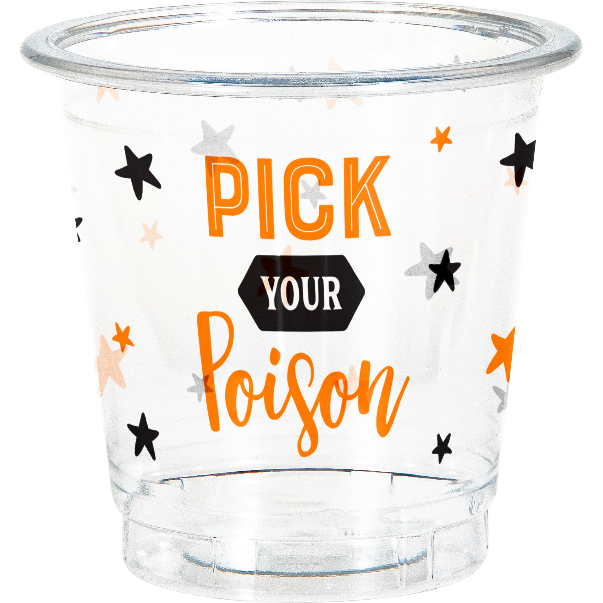 Pick Your Poison Plastic Halloween Shot Glasses 96 ct. Orange and black "Pick Your Poison" on a plastic shot glass