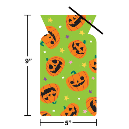 Jack-O-Lantern Halloween Cello Treat Bags With Twist Ties 240 ct. Green plastic treat bag with orange jack-o'-lanterns pattern and measurements on a white background