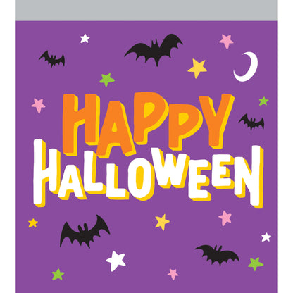 Happy Halloween Plastic Sandwich Zipper Bags 120 ct. Purple Halloween-themed paper with 'Happy Halloween' text and decorative elements on a white background