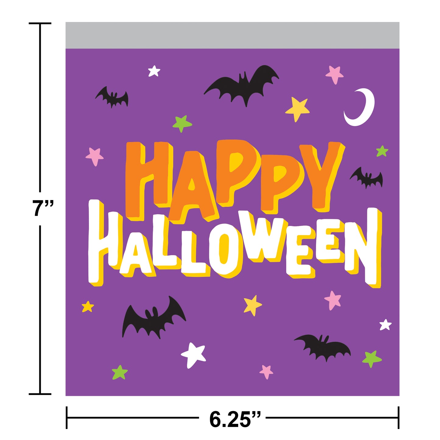 Happy Halloween Plastic Sandwich Zipper Bags 120 ct. Halloween-themed banner with 'Happy Halloween' text on a purple background, featuring bats and stars.