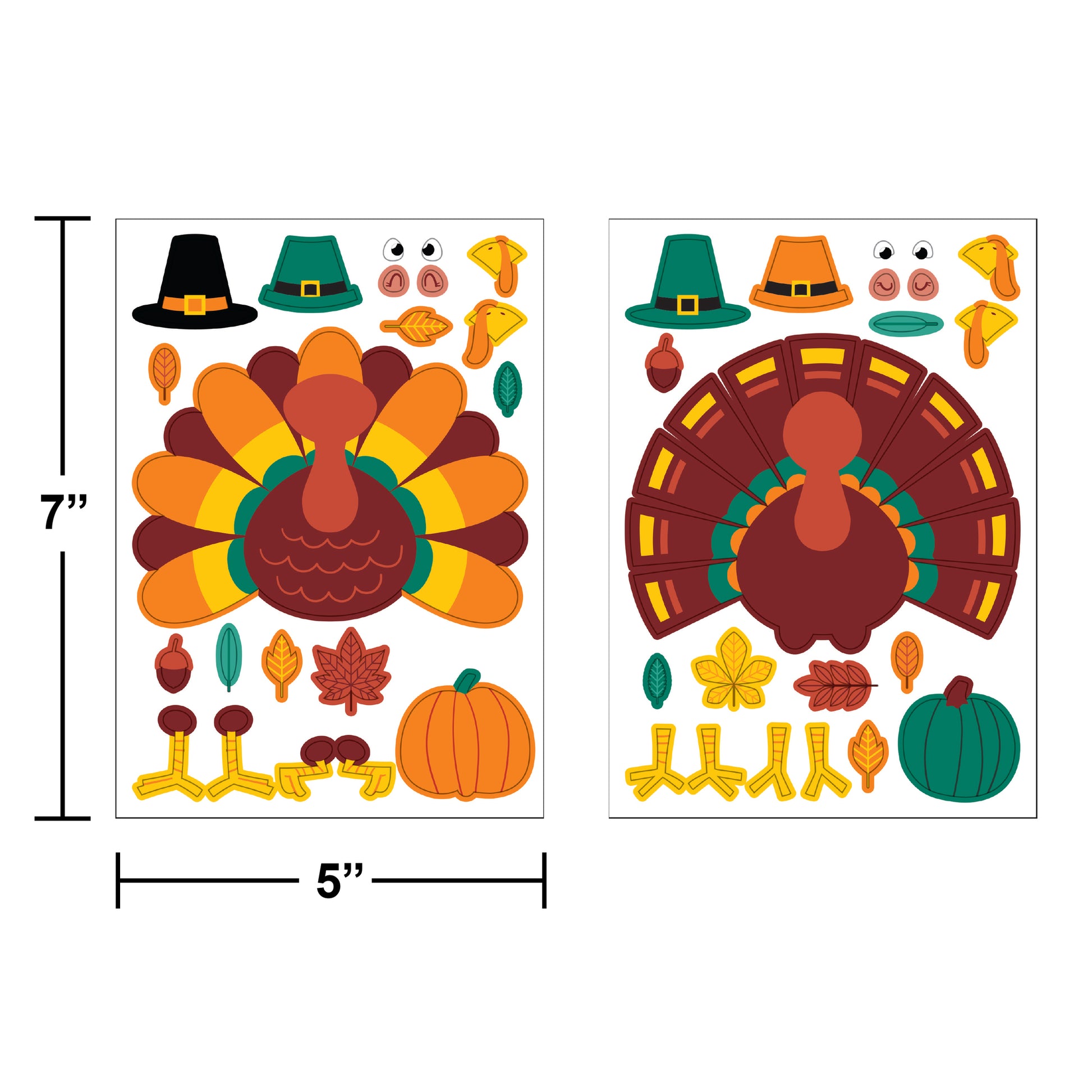 Build a Turkey Thanksgiving Stickers 96 ct. Thanksgiving-themed wall decals with turkeys, hats, and pumpkins on a white background.