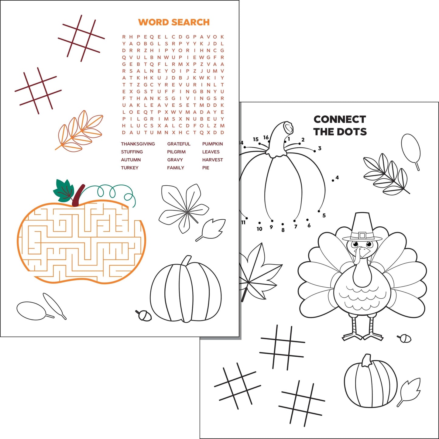 Thanksgiving Activity Sheets for Kids 300 ct. Educational children's worksheet with maze, word search, and connect-the-dots activities on a white background.