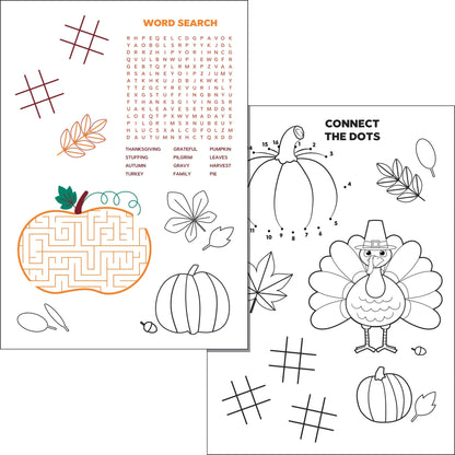 Thanksgiving Activity Sheets for Kids 300 ct. Educational children's worksheet with maze, word search, and connect-the-dots activities on a white background.