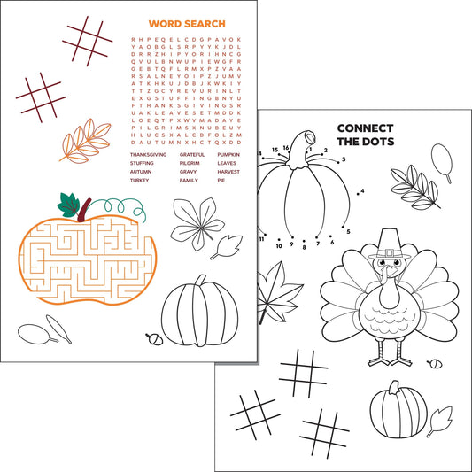 Thanksgiving Activity Sheets for Kids 300 ct. Educational children's worksheet with maze, word search, and connect-the-dots activities on a white background.