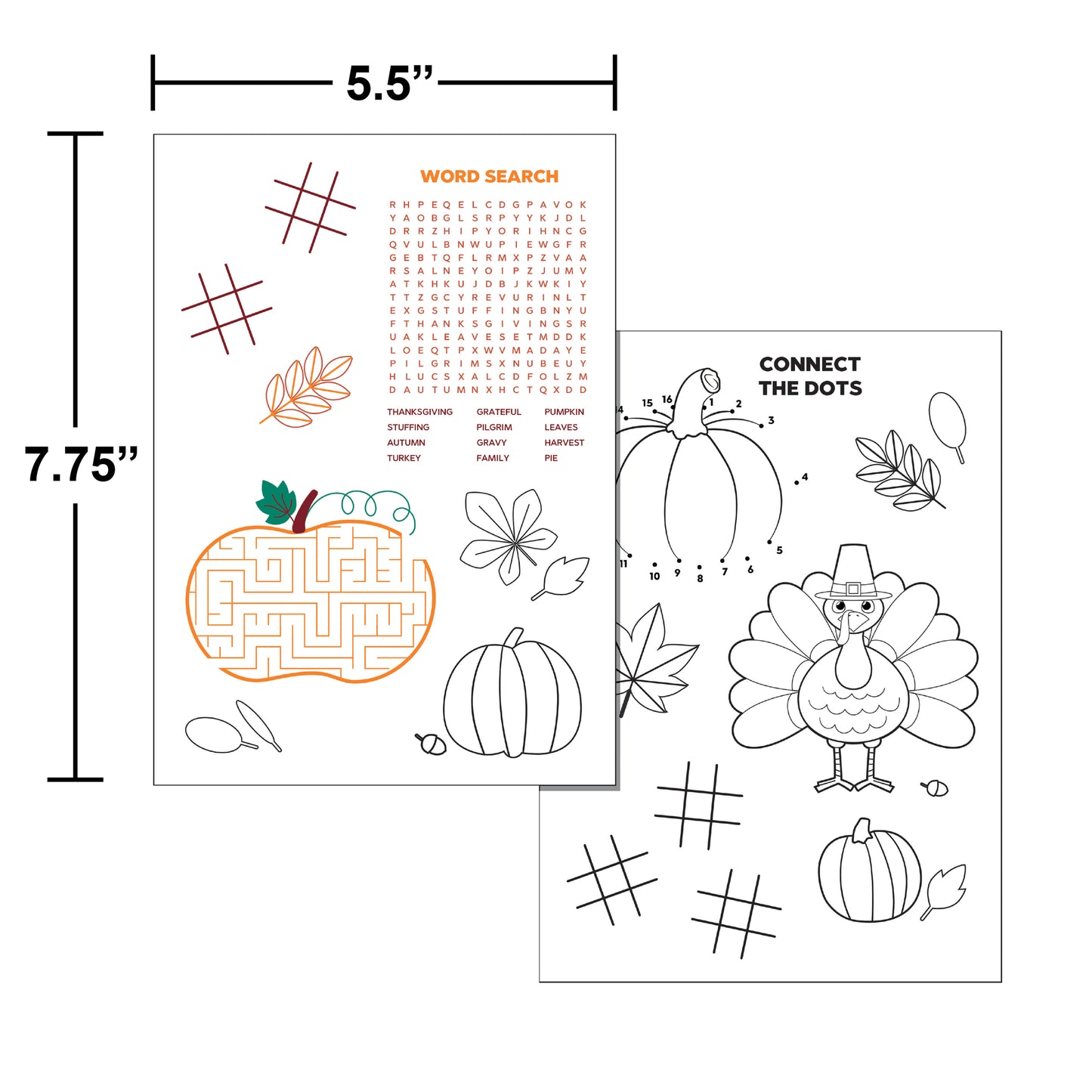 Thanksgiving Activity Sheets for Kids 300 ct. Educational activity sheet with maze, word search, and connect-the-dots for children, featuring Thanksgiving-themed graphics.