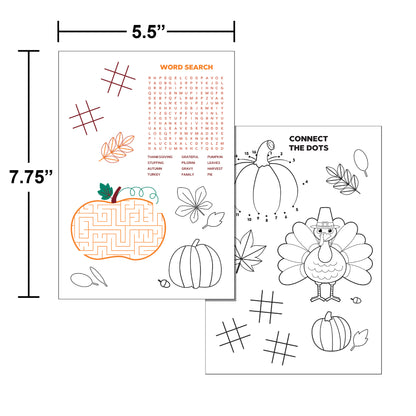 Thanksgiving Activity Sheets for Kids 300 ct. Educational activity sheet with maze, word search, and connect-the-dots for children, featuring Thanksgiving-themed graphics.