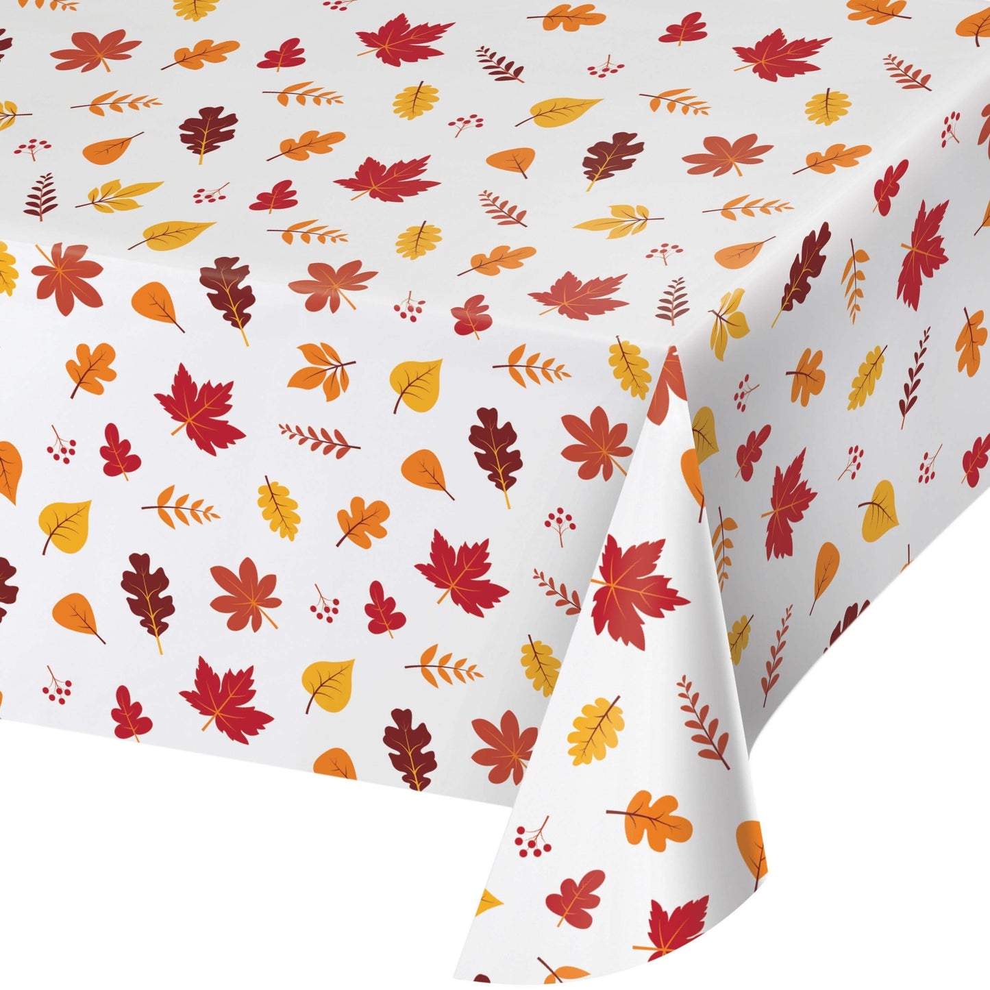 Fall Leaves Plastic Tablecloths 12 ct. Plastic tablecloth with autumn leaf pattern on a white background