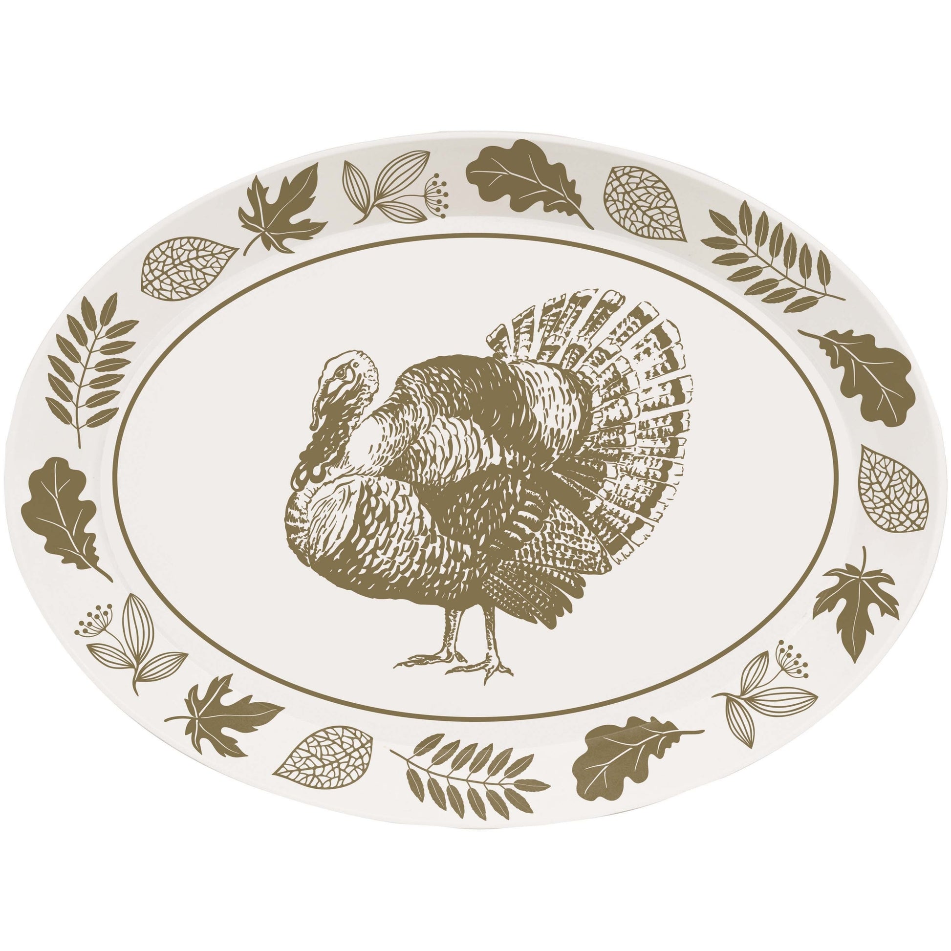 Thanksgiving Turkey Plastic Trays 12 ct. Plastic oval serving platter with a turkey and a border of leaves