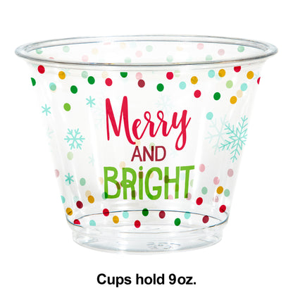 9 oz. plastic tumbler cups with "Merry and Bright" text, snowflakes and multicolor polka dots. Measurements included.