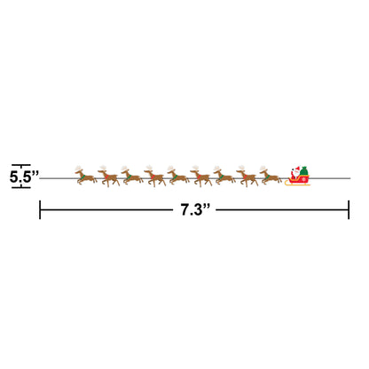 Paper banner of Santa Claus in a sleigh pulled by reindeer on a white background. Measurements shown.