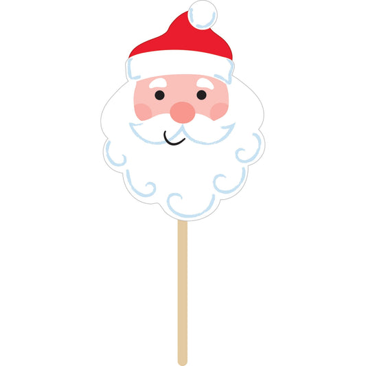 Cartoon Santa Claus face on a stick with a red hat and white beard.