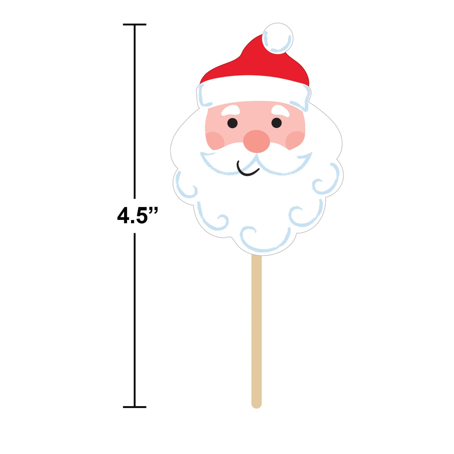 Cartoon Santa Claus face on a stick with a red hat and white beard. Measurements shown.