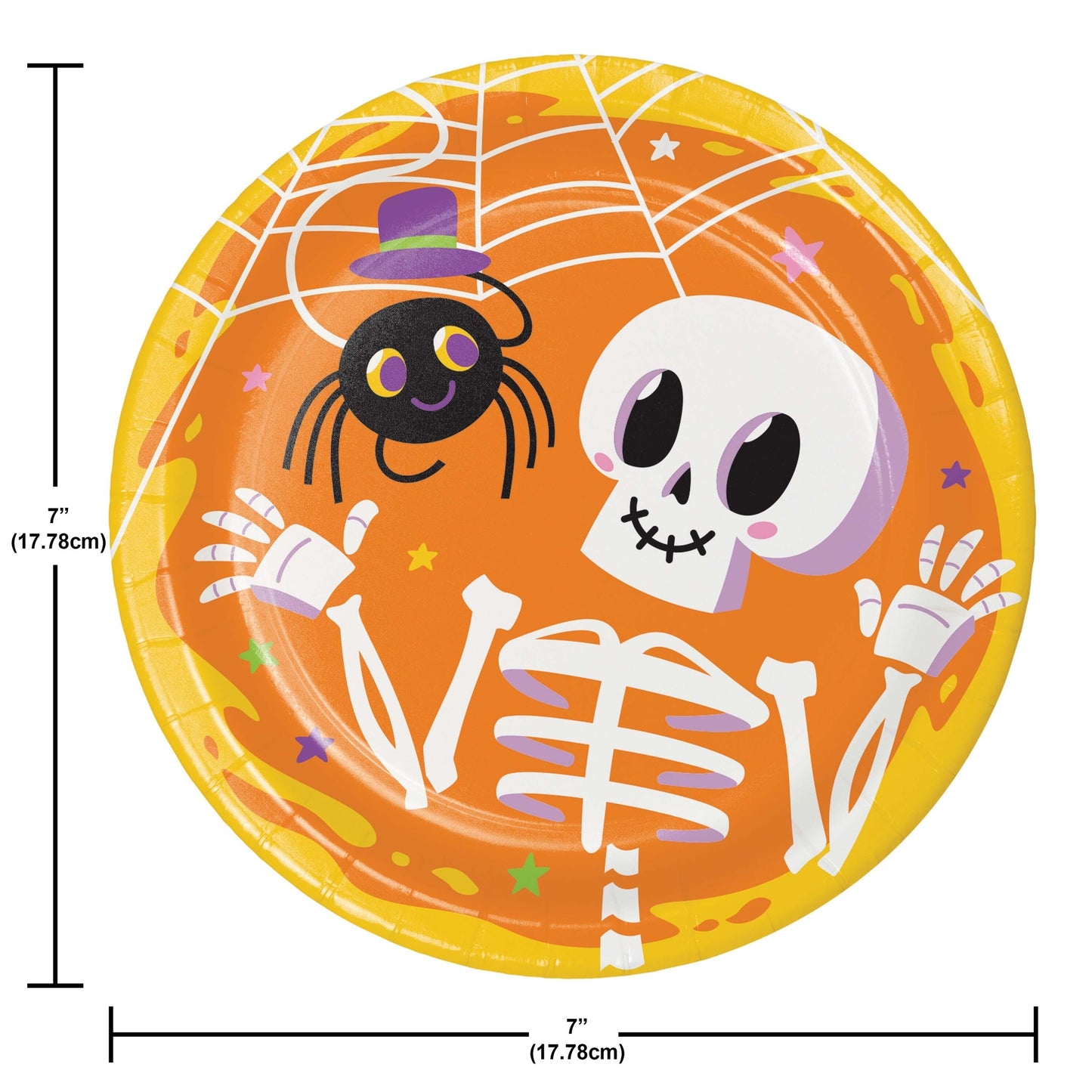 Glowing Ghouls Dessert Paper Plates 96 ct. Halloween-themed paper plate with spider, skull, and skeleton design on an orange background.
