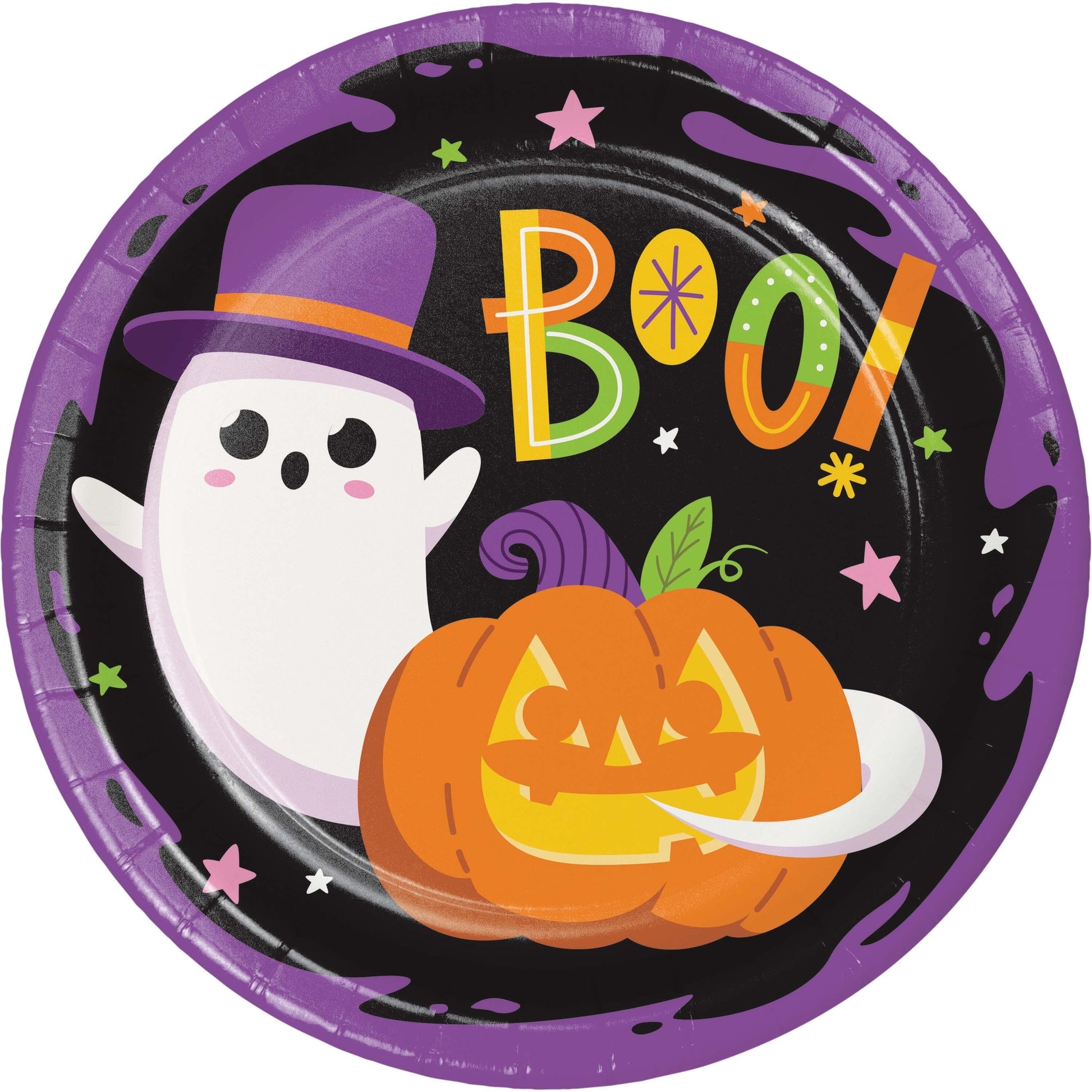 Glowing Ghouls Dinner Paper Plates 96 ct. Halloween-themed paper plate with ghost, pumpkin, and 'BOO!' text on a purple border.