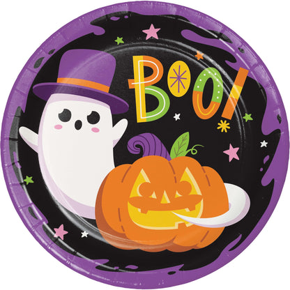 Glowing Ghouls Dinner Paper Plates 96 ct. Halloween-themed paper plate with ghost, pumpkin, and 'BOO!' text on a purple border.