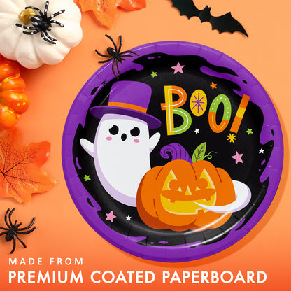 Glowing Ghouls Dinner Paper Plates 96 ct. Halloween-themed paper plate with ghost, pumpkin, and 'BOO!' text on an orange background with decorations.