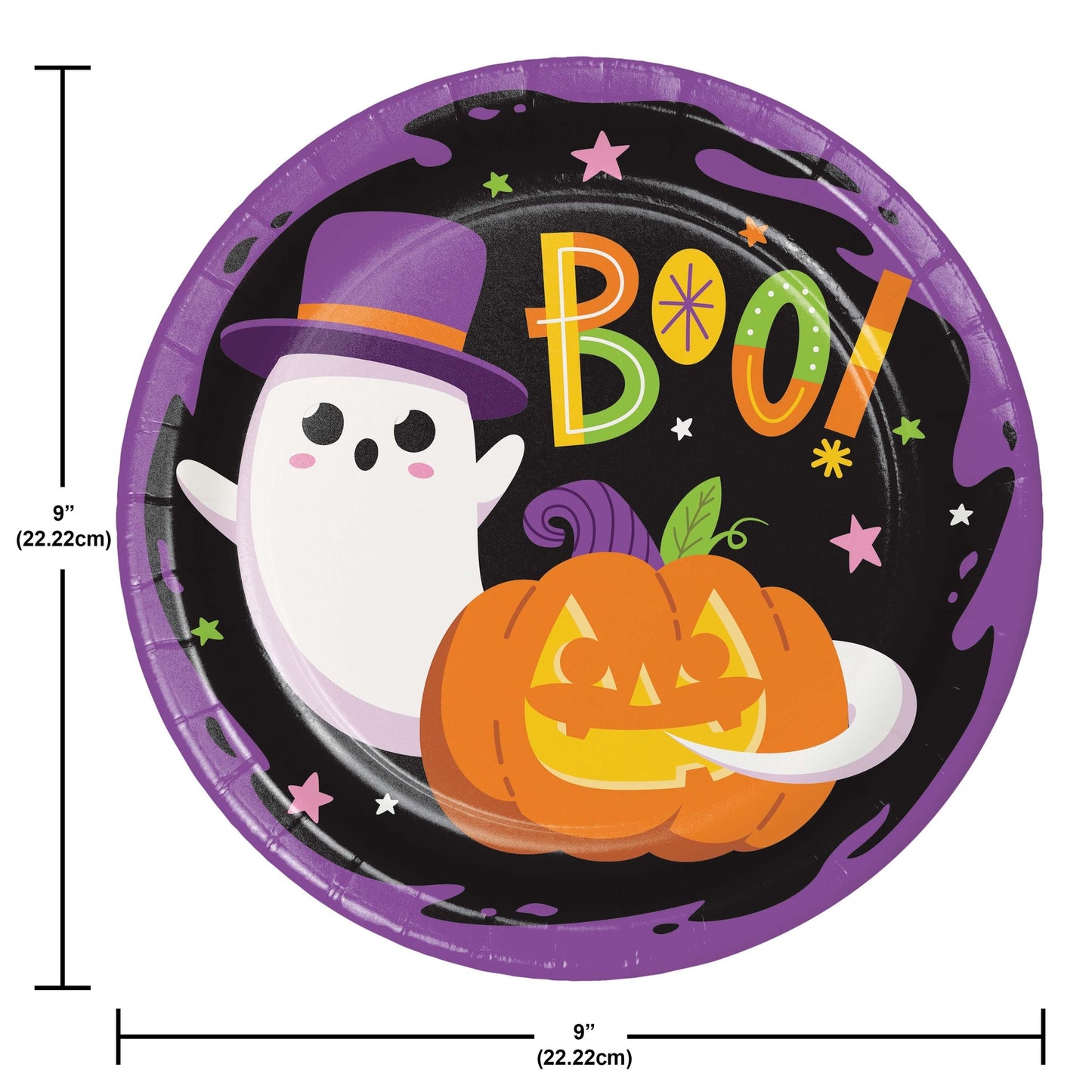 Glowing Ghouls Dinner Paper Plates 96 ct. Halloween-themed paper plate with ghost, pumpkin, and 'BOO!' text, dimensions indicated.