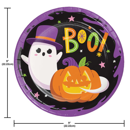 Glowing Ghouls Dinner Paper Plates 96 ct. Halloween-themed paper plate with ghost, pumpkin, and 'BOO!' text, dimensions indicated.