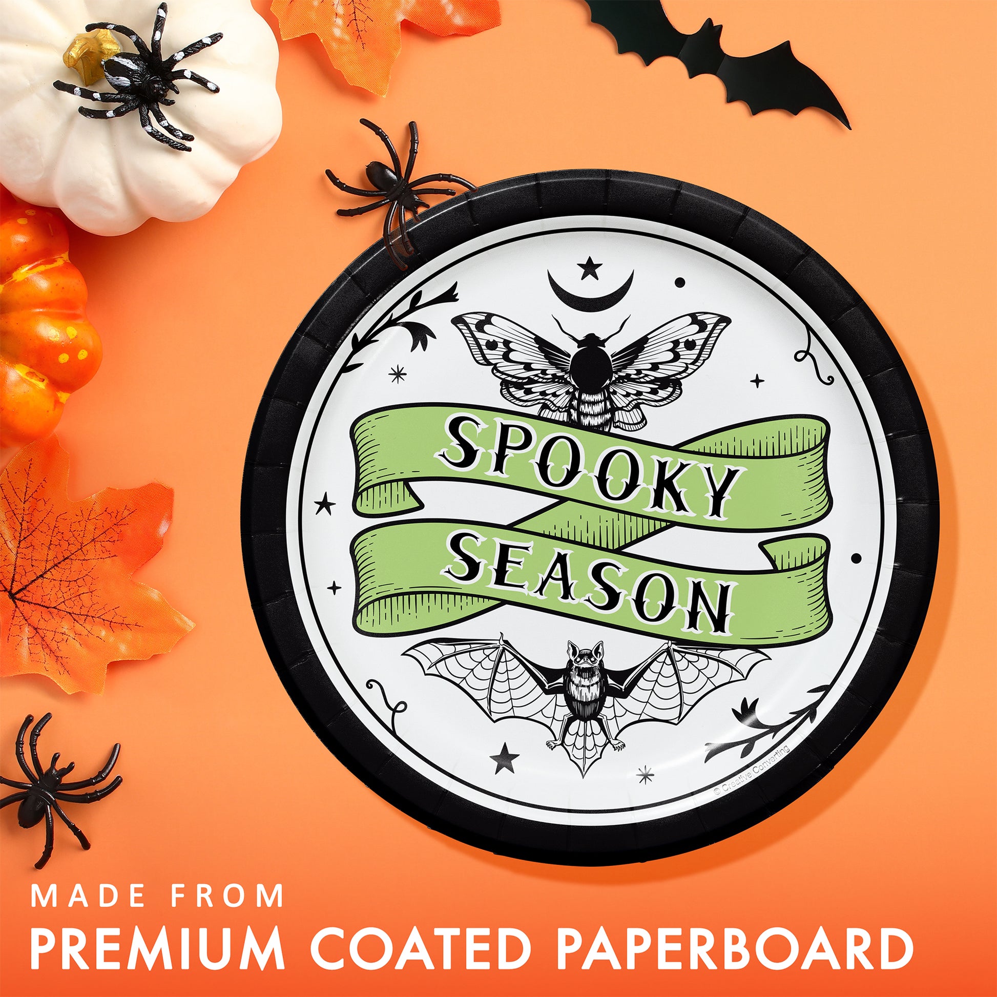 Spooky Season Dessert Paper Plates 96 ct. Halloween-themed paper plate with 'Spooky Season' design on an orange background with decorations.