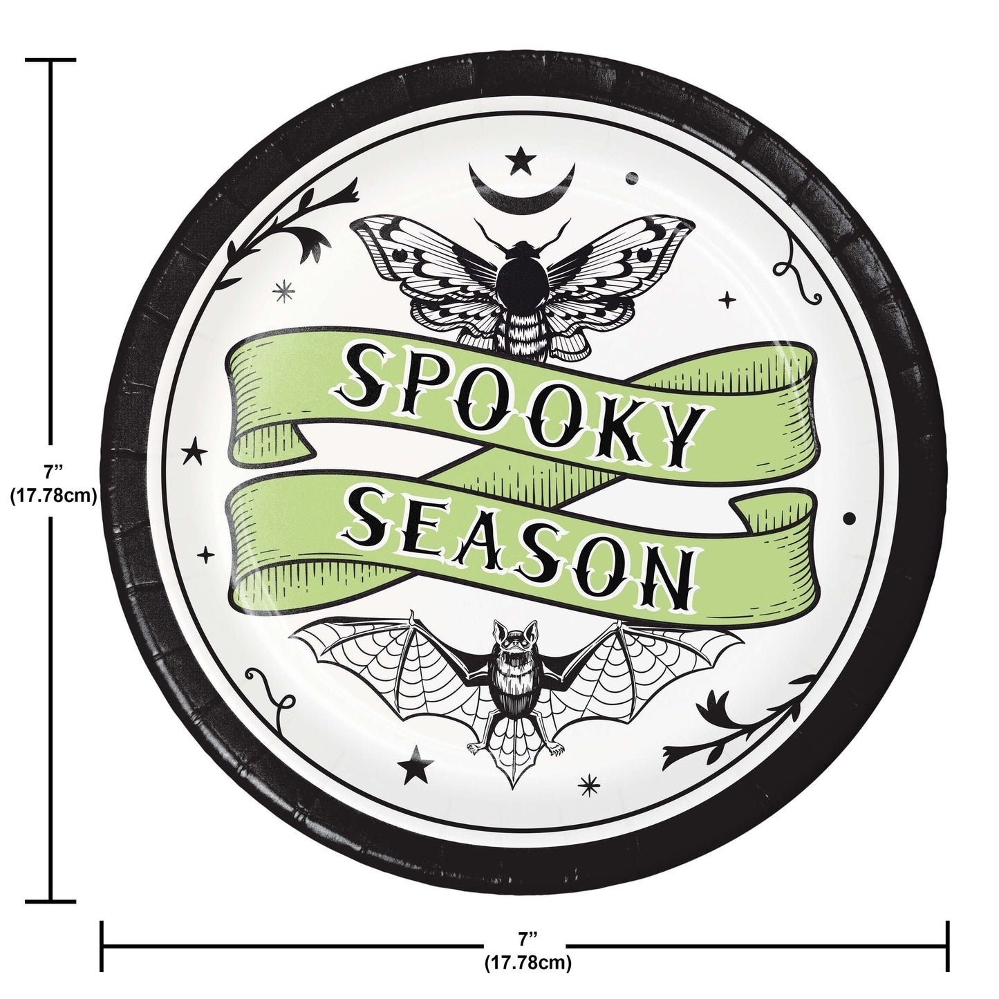 Spooky Season Dessert Paper Plates 96 ct. Circular decorative sign with 'Spooky Season' text and Halloween-themed illustrations, with measurements indicated.