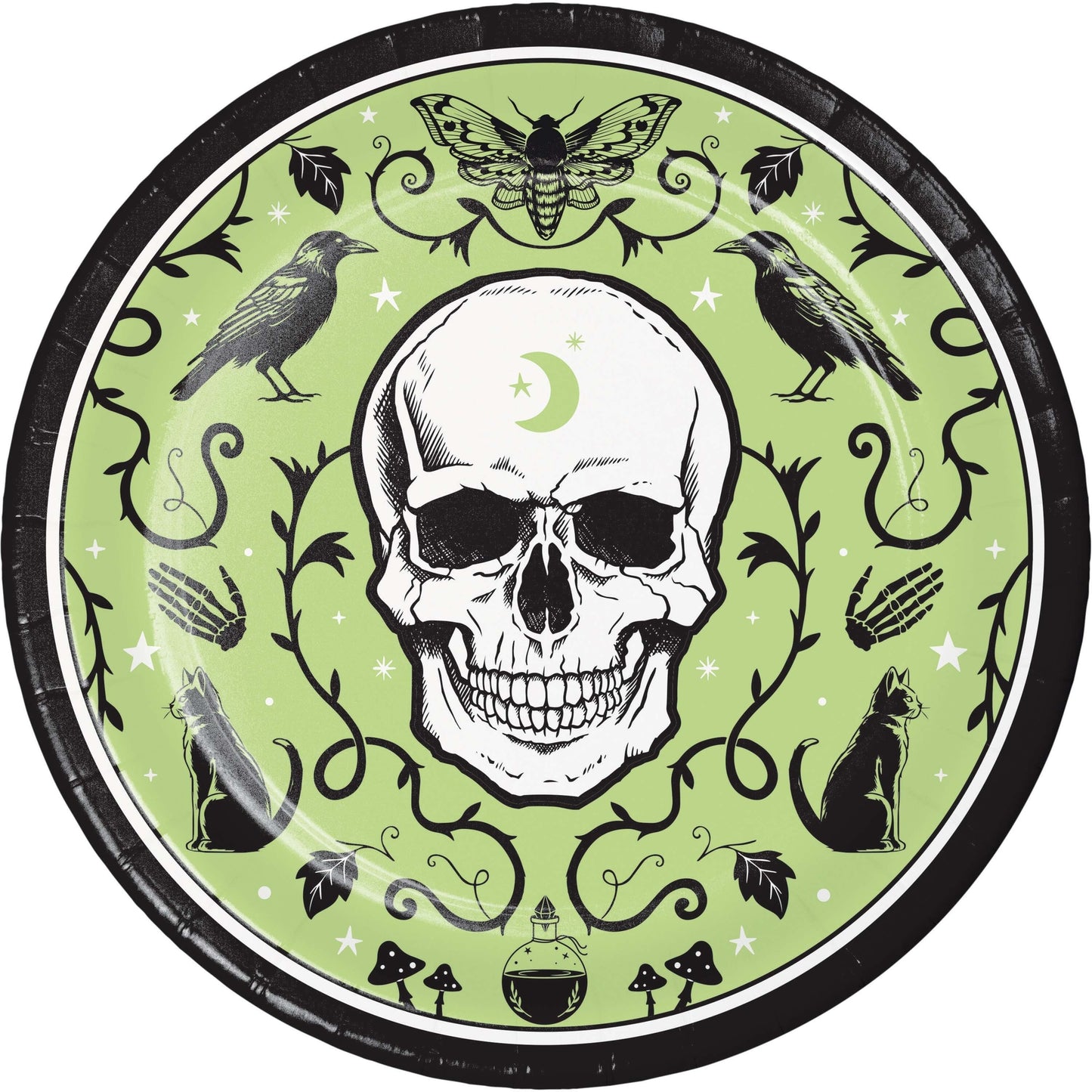 Spooky Season Dinner Paper Plates 96 ct. Black rimmed paper plate with green background with a skull.