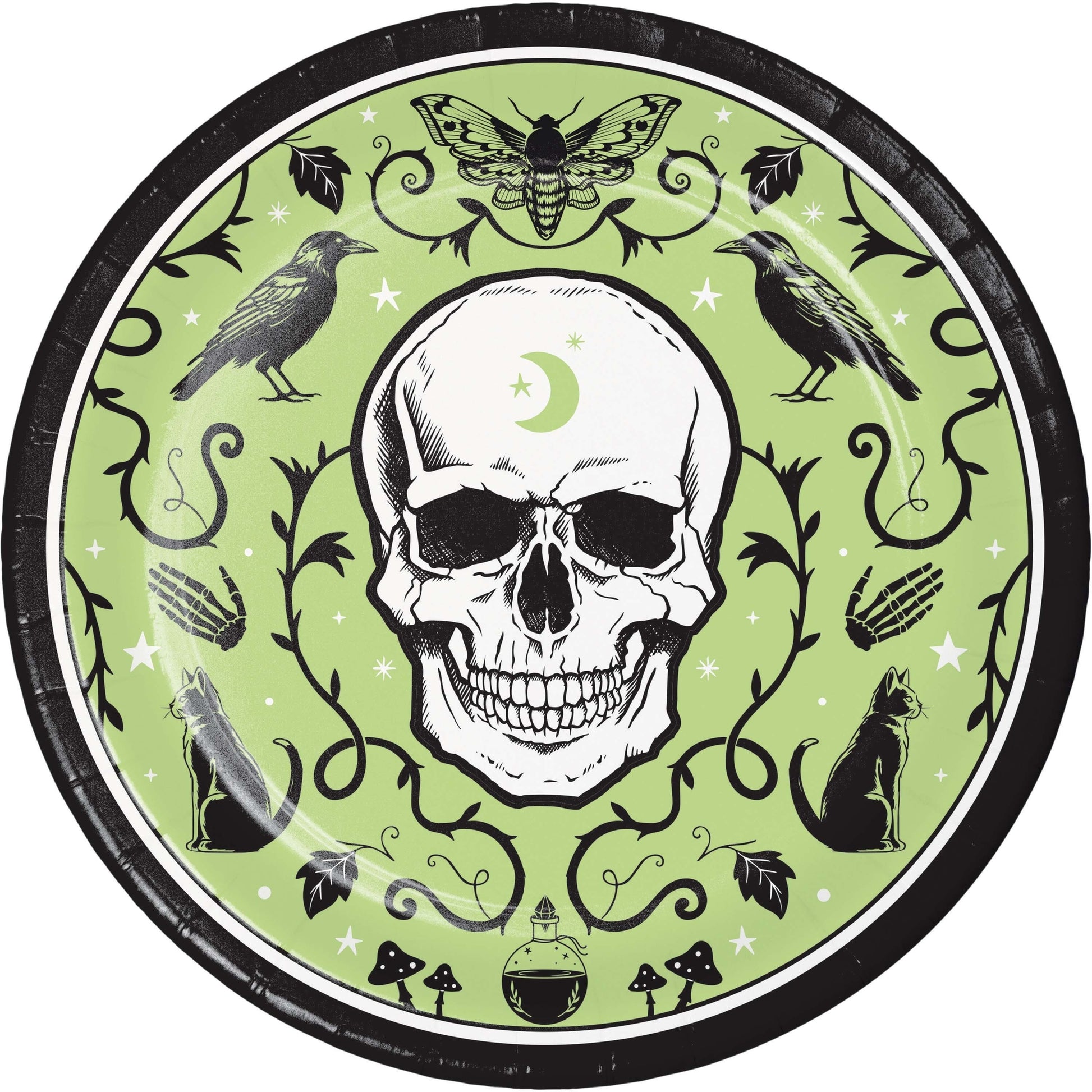 Spooky Season Dinner Paper Plates 96 ct. Black rimmed paper plate with green background with a skull.