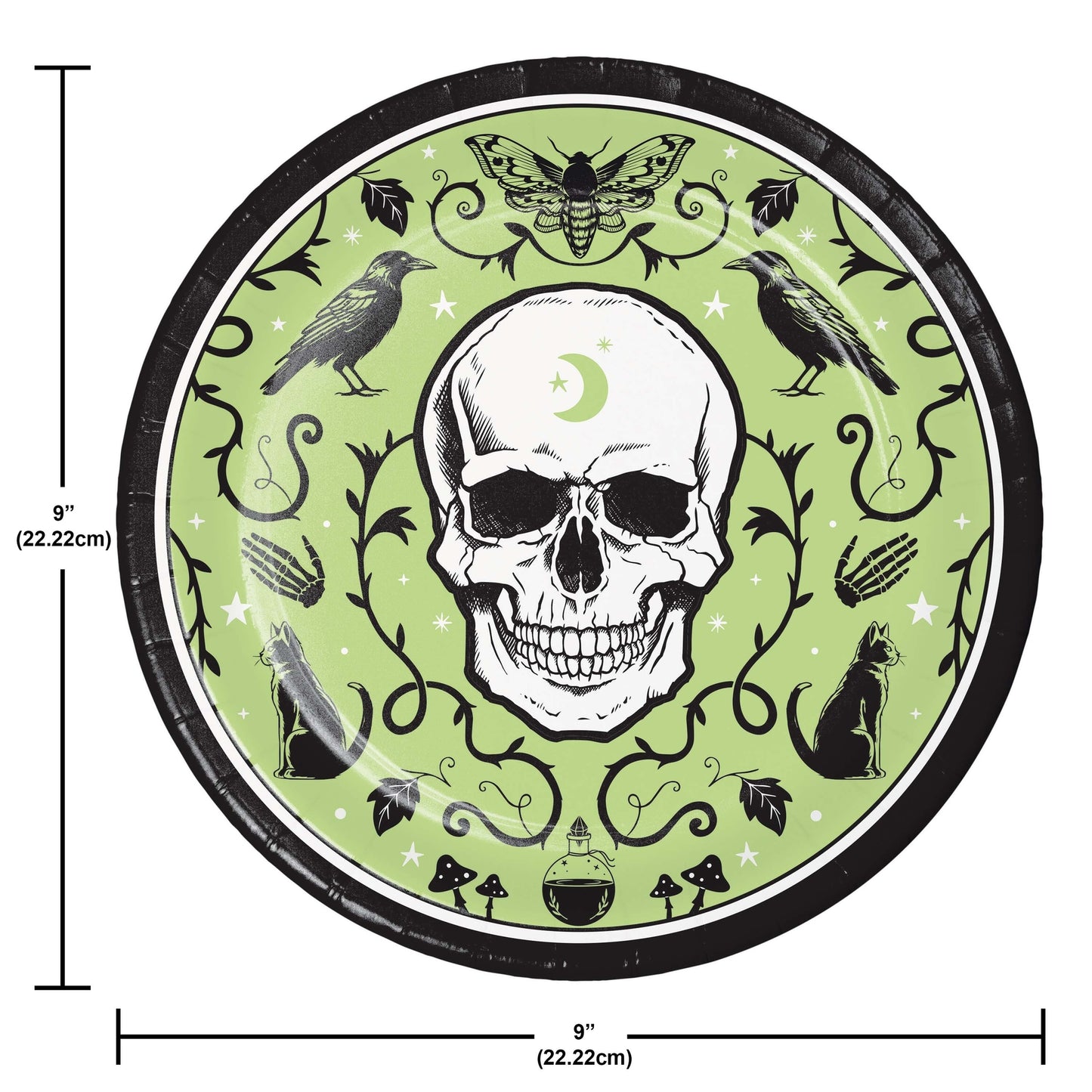 Spooky Season Dinner Paper Plates 96 ct. Circular design with a skull, birds, and cats on a green background with measurements indicated.