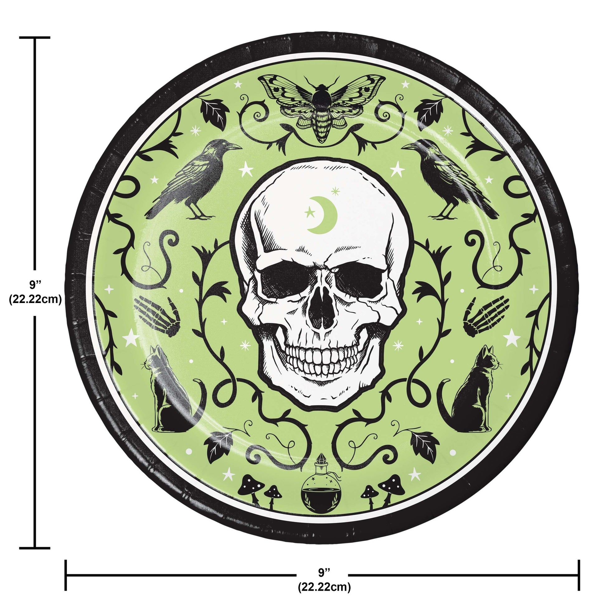 Spooky Season Dinner Paper Plates 96 ct. Circular design with a skull, birds, and cats on a green background with measurements indicated.