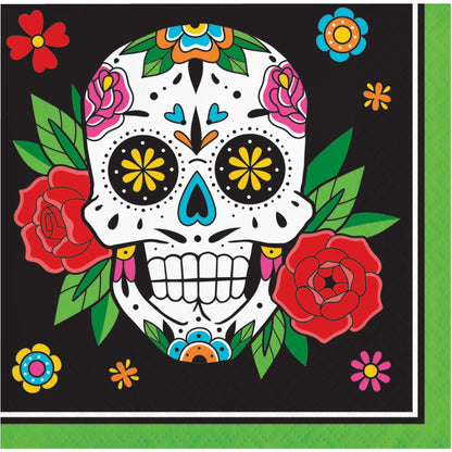 Skelebration Beverage Napkins 192 ct. Colorful sugar skull design with flowers on a black background