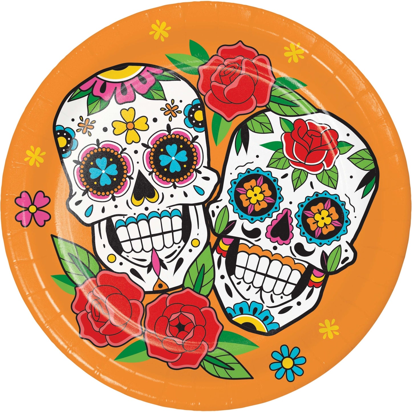 Skelebration Dessert Paper Plates 96 ct. Decorative paper plate with colorful sugar skull design and flowers on an orange background